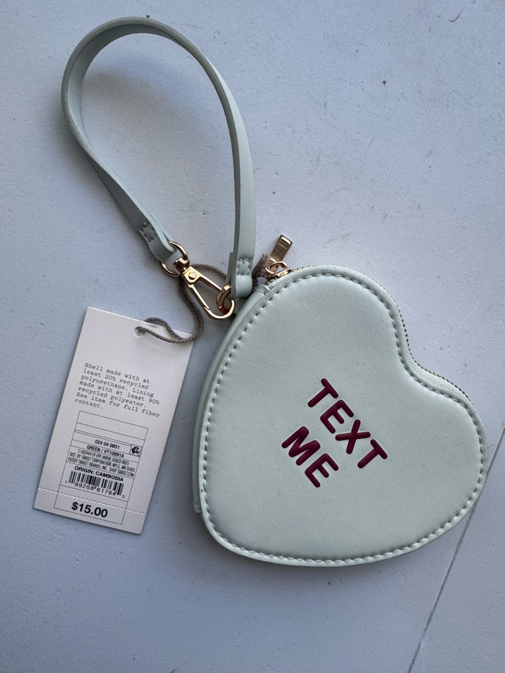 Target Mint Heart Wristlet with Red Text